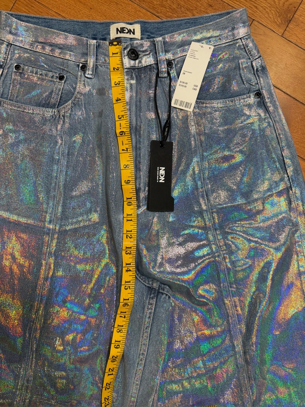 NWT Neon Denim Leroy Coated Wide-Leg Jeans Holographic Silver 28 - Picture 4 of 15